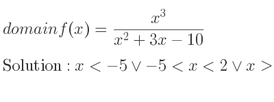 The domain of f(x)=(x^3)/(x^2+3x-10) is x<-5\lor-5<x<2\lor x>2